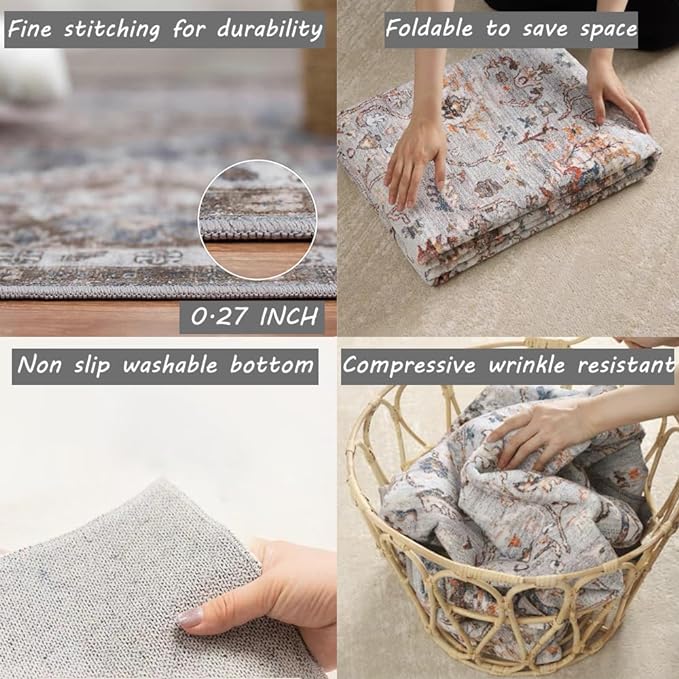 CHAMPLANT 5x7 Washable Thin Foldable Area Rug Gray Vintage Rug Traditional Floor Cover Retro Kitchen Indoor Distressed Non Slip Carpet Floral Print Mat Bedroom Living Room