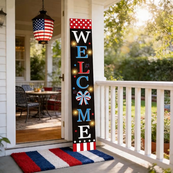 4th of July Welcome Sign with LED Lights, 47" Patriotic Wooden Door Porch Standing Decor Signs, Independence Day 250th Front Door Porch Decor, Memorial Day Home Yard Party Wall Hanging Decoration