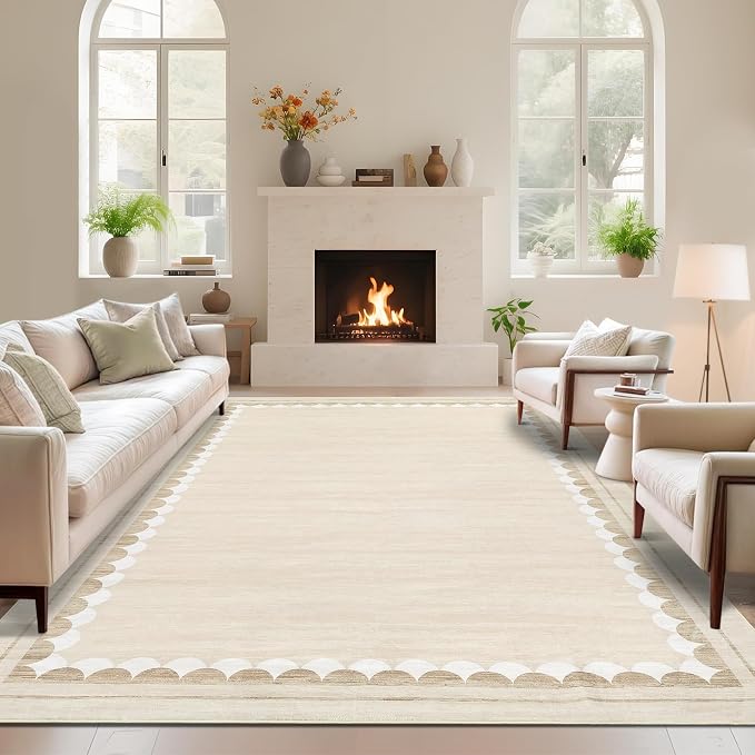 COZYLOOM 9x12 Dining Room Rugs for Under Table, Machine Washable Area Rugs for Bedroom, Non Slip Non Shedding Modern Border Rug, Stain Resistant Low Pile Carpet for Living Room, Nursery, Office, Beige
