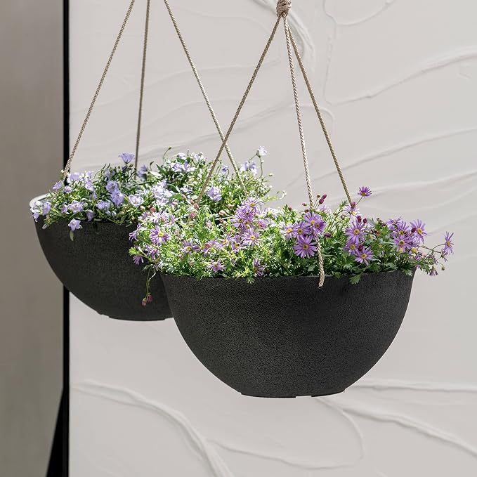 LA JOLIE MUSE Hanging Planters for Outdoor Plants, Large Hanging Planter with Drain Holes, Black Hanging Flower Pots (13.2 Inch, Set of 2)