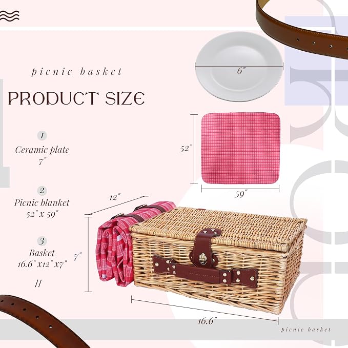 Picnic Baskets Wicker Willow Picnic Set for 4 Persons with Insulated Cooler Bag and Waterproof Pink Plaid Picnic Blanket Gift for Christmas Thanksgiving Wedding Birthday Camp Outdoor Beach Travel