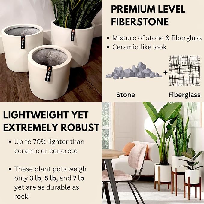 Fox & Fern Large Indoor Planter, Modern Large Plant Pot for Indoor or Outdoor, UV and Frost Resistant - Set of 3: 8, 10, 11.8 Inch, Fiberstone, White Flower Pot with Drainage Plug, Lightweight