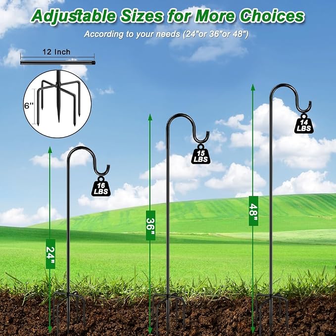 48 Inch Shepherds Hooks for Outdoor, Heavy Duty Bird Feeder Pole with 5 Prong Bases, Garden Hanging Stake for Bird Feeder, Solar Light, Plant Hanger, Wedding Decor, Metal Hanger Hooks, Black, 2 Packs