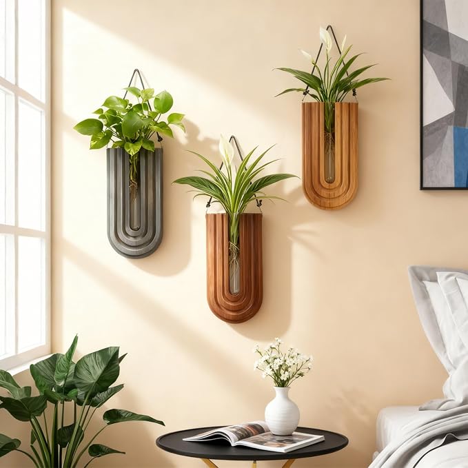 Wall Mounted Wooden Propagation Station Set of 3 - Boho Hanging Indoor Wall Planter Vases for Plants & Flowers, Handmade Rainbow Decor for Living Room, Entryway, or Home Gallery Display