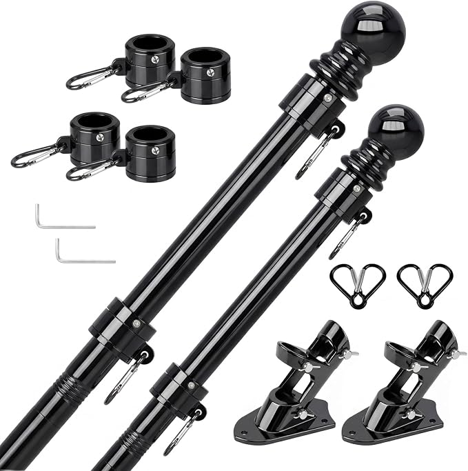 Black House Flag Pole Kit, (2 Packs) 6 FT Stainless Steel Tangle Free Spinning Flagpoles with Two-Position Wall-Mounted Flag Pole Holder for 3x5 American Flags, Outside House Porch (No Flag)