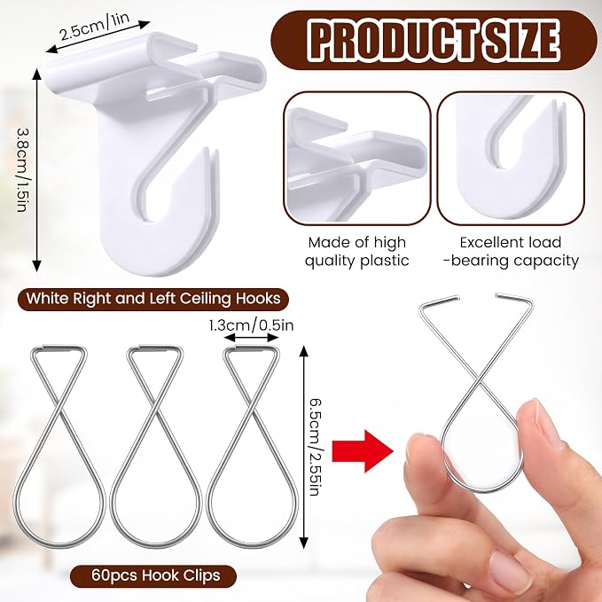 Leinuosen 120 Pcs Drop Ceiling Hooks Bulk 60 Right and Left Ceiling Hook for Hanging 60 Metal Ceilings Hook Clips White Heavy Duty T-bar Clips for Hanging Plant Suspended Drop Ceilings Tile Decoration