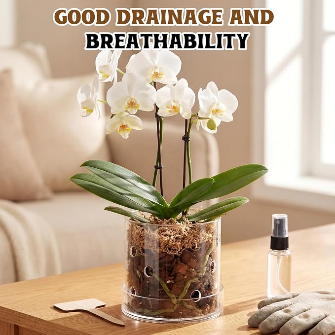 5 Inch Clear Acrylic Orchid Planter Pot with 360° Round Holes & Tray, Thick Acrylic Vented Planter for Phalaenopsis, Root Airflow, Bottom Watering & Indoor Orchid Repotting