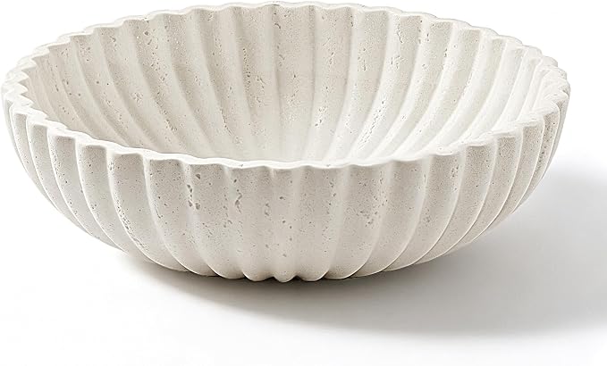 Large Decorative Fruit Bowl for Kitchen Counter, Travertine Stone Look Modern Minimalist Snack Candy Bowl for Table Centerpiece Decor, Home, Office, Hotel, Entryway (White)