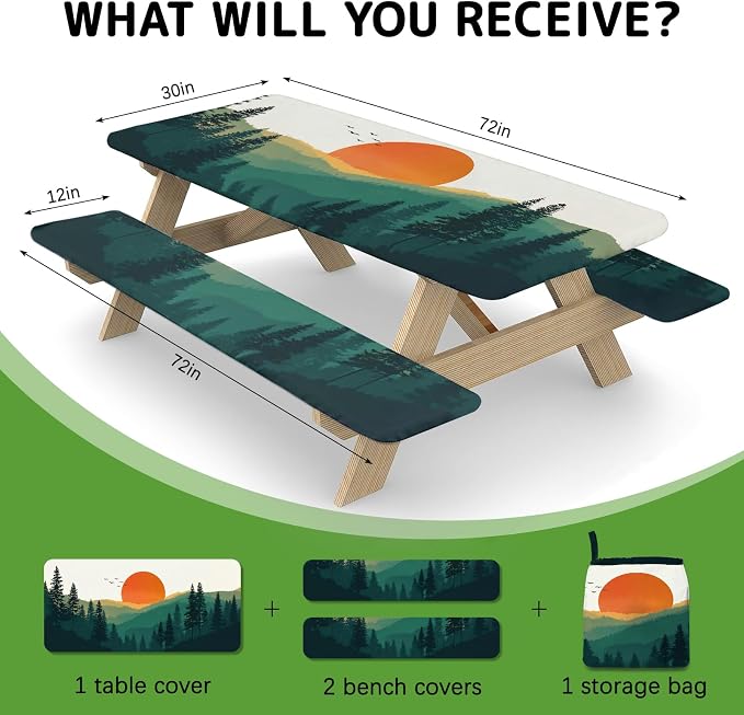 Picnic Table Cover with Bench Covers Elastic Edges, 3 Pcs Mountain View Fitted Table Cover with Drawstring Bag, Waterproof Windproof Aesthetic Camping Tablecloth, Outdoor Camping Essentials 72 Inch