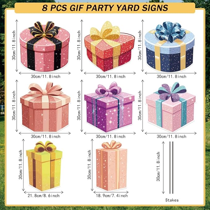 SUPERDANT 8Pcs Gift Boxes Yard Sign with 16 Stakes Gift Party Lawn Decorations Surprise Waterproof Sign for Outdoor Backyard Garden Birthday Decoration