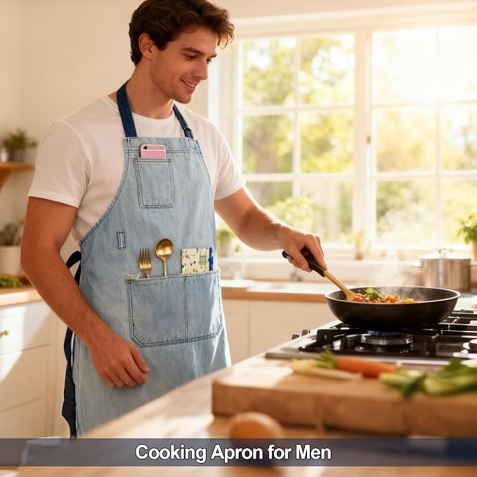 Denim Chef Apron for Women with Pockets, Jean Waitress Server Kitchen Apron for Men Cooking Gardening Painting