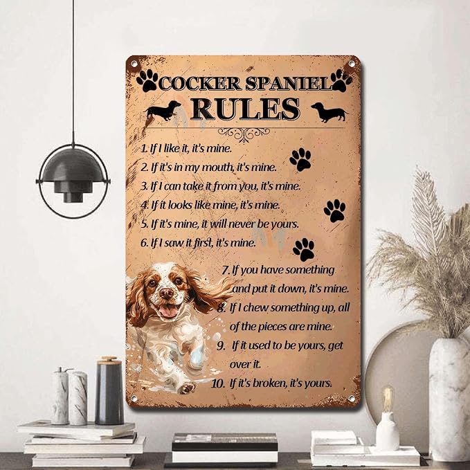 Metal Sign Tin Sign Vintage Wall Art Cocker Spaniel Rules Gardening Sign for Restaurant 12×16 Inches