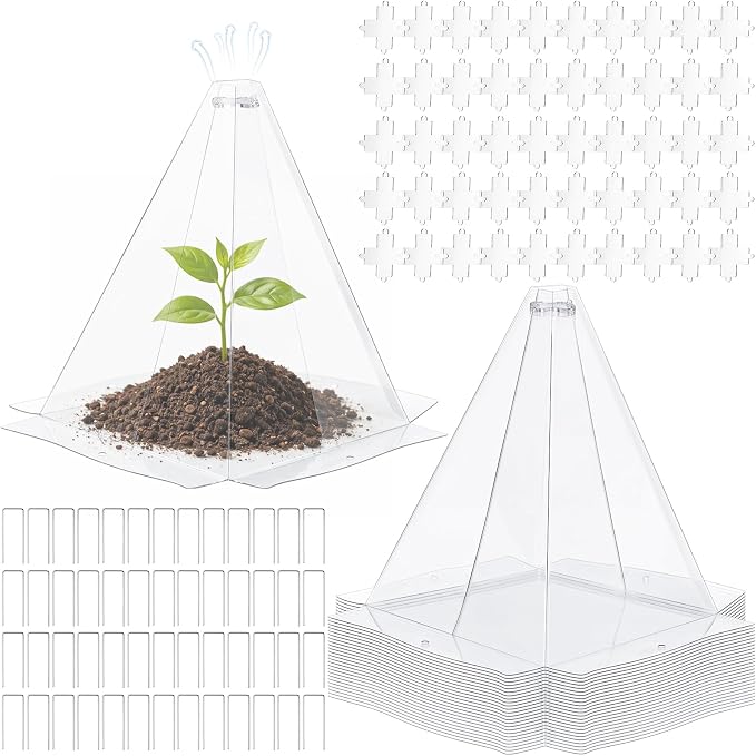 Yalikop 50 Pack Garden Cloches for Plants, Clear Plastic Plant Cloche Covers with 100 Stakes, Reusable Frost Protection Dome for Seedlings, Protect from Snails, Birds, Animals, 7.8" x 11"
