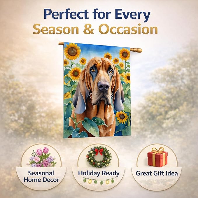 Caroline's Treasures DAC6029CHF Bloodhound in Sunflowers House Flag Large Porch Sleeve Pole Decorative Outside Yard Banner Artwork Wall Hanging, Polyester, House Size, Multicolor
