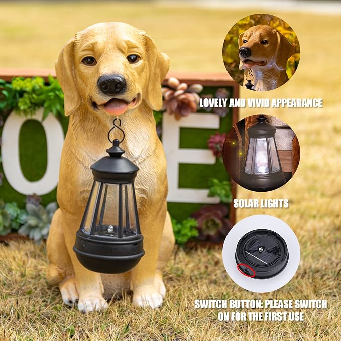 Garden Dog Statues Outdoor Decor, Golden Retriever Yard Outdoor Statue with Solar Lantern Lights Decorations Solar Dog Ornaments for Patio, Lawn, Yard Art Decoration, Housewarming Garden Gift for Mom