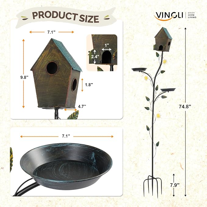 VINGLI 74.8" H Metal Bird Bath with Bird House, Outdoor Bird Bath with Stakes, 3-in-1 Bird Feeder for Patio, Garden, Yard, Lawn (Top-Fixed Bird House)