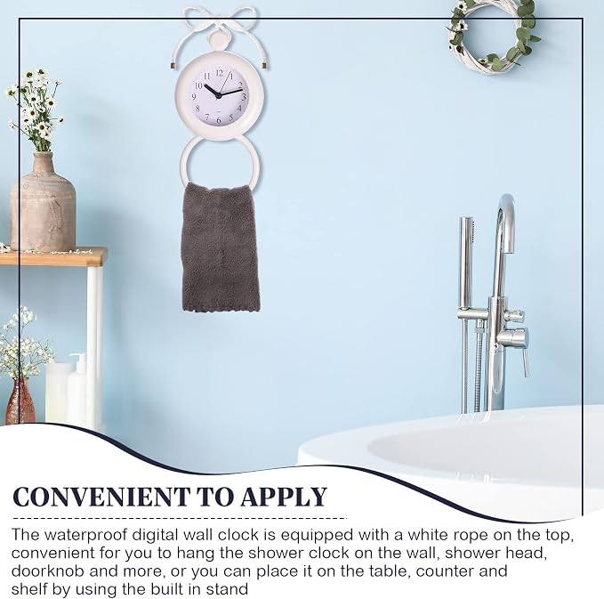 Weewooday Waterproof Bathroom Clock Small Digital White Shower Wall Clock with Easy Reading Face for Bathroom Pool Supplies(Lanyard)