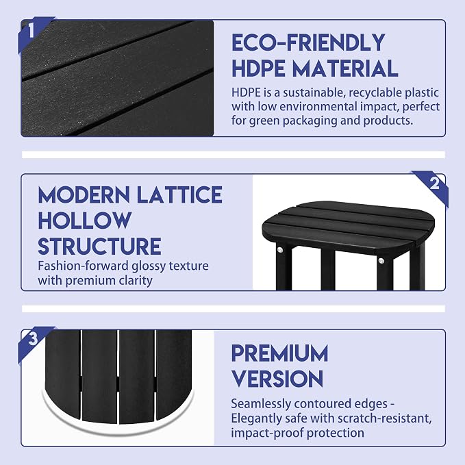 LZRS 2-Tier Patio Side Table, Heavy Duty HDPE Outdoor End Table with Wood Texture, Weatherproof Composite Table for Adirondack Chairs, Deck, Pool, Indoor/Outdoor, No Peeling Cracking(Black)