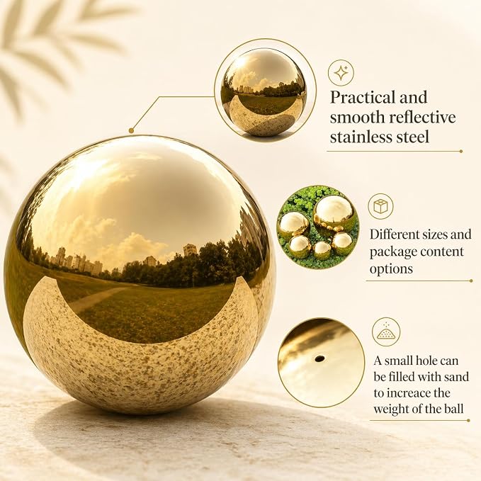 Gazing Ball Garden Mirror Outdoor - Outside Decorative Globe, Gold, 5Pcs | Metal Polished Reflective Sphere, Stainless Steel Hollow Decoration Ornament for Home Pond Swimming Pool Housewarming Gift