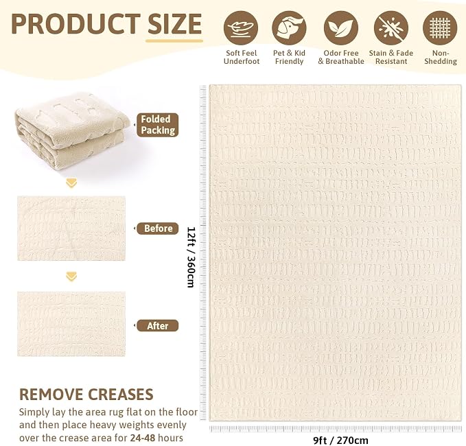 Yamaziot Washable 9x12 Area Rugs for Living Room Textured Non Slip, Beige | Modern High-Low Geometric Pattern, Soft Fluffy, Neutral, Minimalist Floor Carpet for Bedroom Dining Room Nursery Kids Room