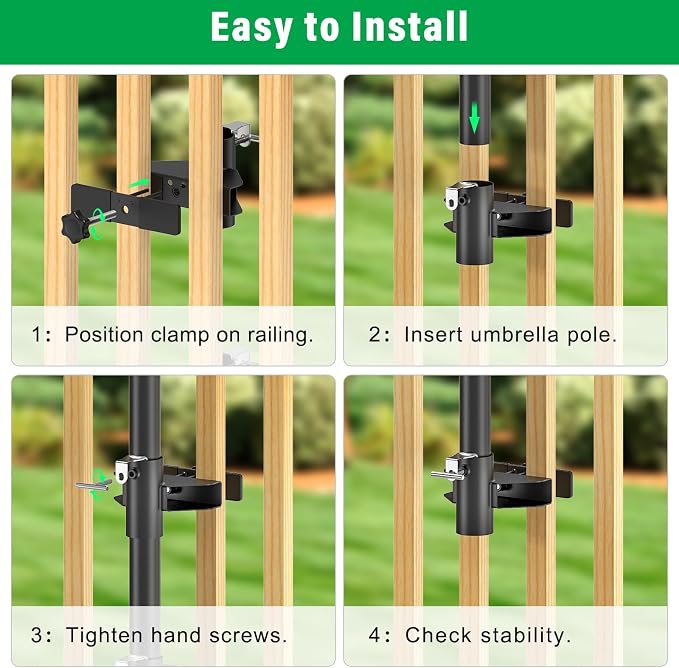 Heavy Duty Deck Railing Umbrella Holder, Adjustable Patio Umbrella Stand for 1-2 Inch Poles, Secure & Sturdy Railing Mount with Locking Pin, Maximizes Deck Space