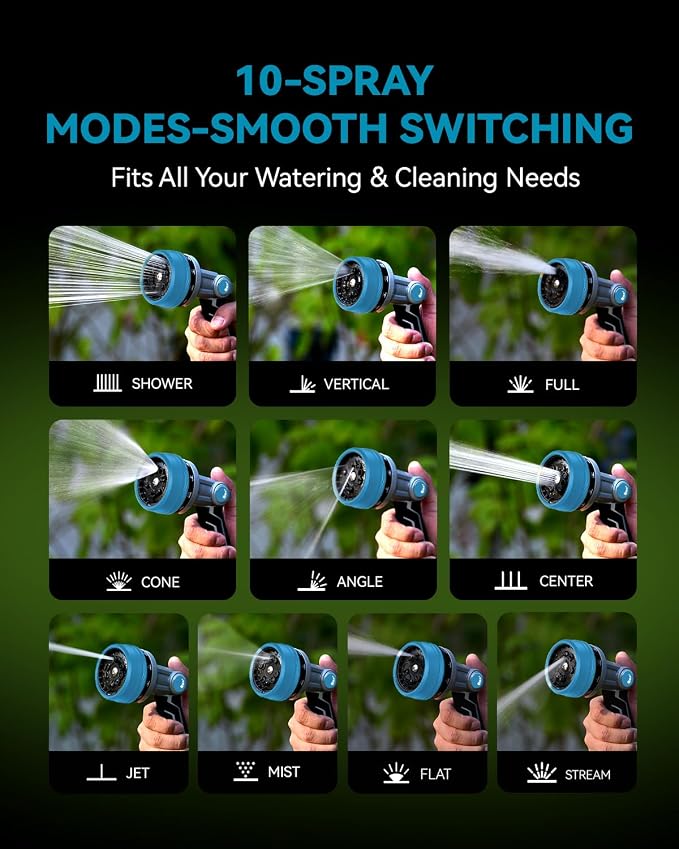 RAINPOINT Full-Metal Garden Hose Nozzle, Heavy Duty Water Hose Nozzle Sprayer With 10 Adjustable Patterns & High Flow,Thumb Control For Flow Adjustment, Ideal For Watering, Washing, Cleaning,Blue