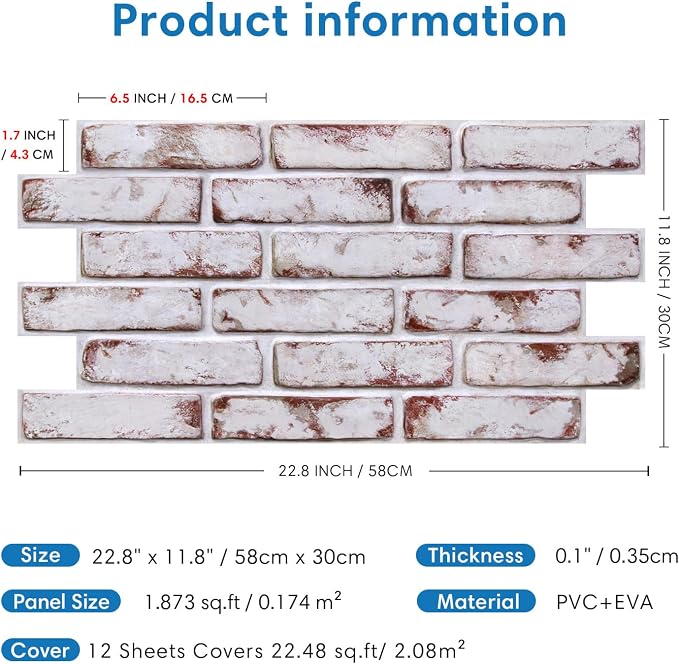 COMSTICKC 3D Faux Brick Wall Panel Red-Tinted White, Peel and Stick Wall Covering, 12 Pcs of 22.8" x 11.8", Not Real Brick, UrltraLight PVC Self Adhesive Wall Tile, Paintable, Covers 22.48 sq.ft