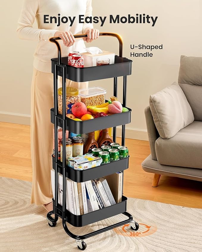 Pipishell 4 Tier Mesh Utility Cart, Rolling Metal Organization Cart with Handle and Lockable Wheels, Multifunctional Storage Shelves for Kitchen Living Room Office White, PIUC12B