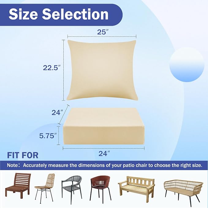 Outdoor Chair Cushions, 24 x 24 Inch Outdoor Cushion for Patio Furniture, Patio Chair Cushion, Waterproof & Fade Resistant Deep Patio Furniture Cushion Set with Handle and Ties, Light Khaki (Set of 2)