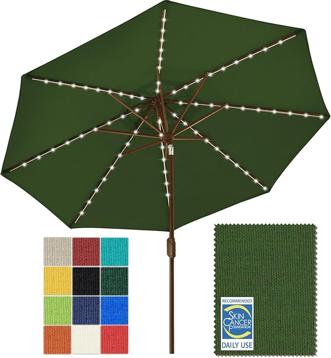 EliteShade USA 10-Year-Non-Fading 9ft Market Patio Umbrella, Commercial Grade Table Sun Umbrella with 80 Solar LED Lights, Crank Open, Windproof & UPF 50+ UV Protection for Garden, Deck, Pool, Backyard, Fern