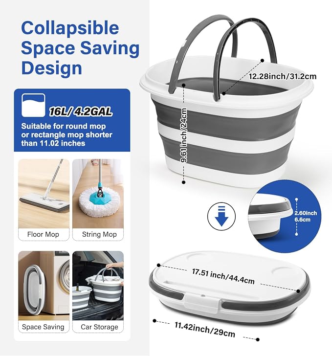 Lesipee Upgraded 16L Collapsible Mop Bucket with Multi-Functional Lid, 4-in-1 Foldable Silicone Tub with Table Surface, Floor Stand, Space Saving 4.2 Gallon Storage Solution for Home & Outdoor