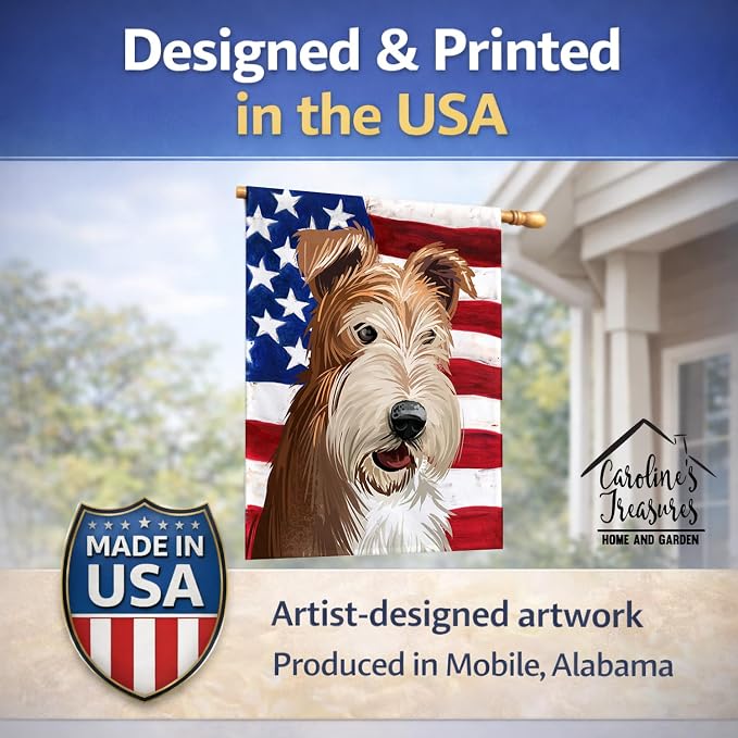 Caroline's Treasures CK6527CHF Fox Terrier Wire Dog American Flag House Flag Large Porch Sleeve Pole Decorative Outside Yard Banner Artwork Wall Hanging, Polyester, House Size, Multicolor