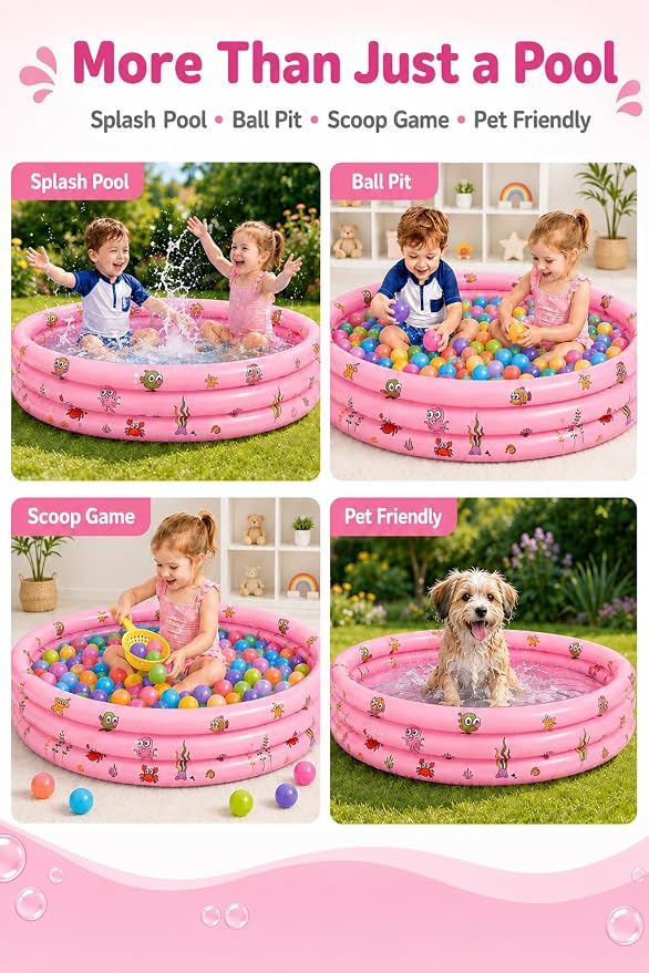 48"*12" Kiddie Pool for Toddler with Bubble Bottom, Pink | Inflatable Baby Pool with Drain Plug, Kids Pool for Summer Play, Flodable,Beach, Backyard, Indoor Ball Pit Play