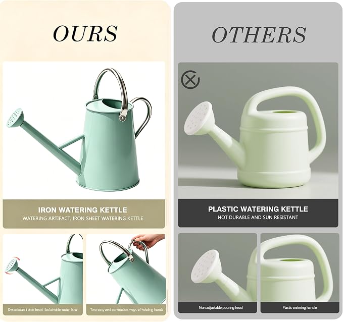 Metal Watering Can with Stainless Steel Handle for Outdoor and Indoor Plants, Watering Can Decor, 1.5 Gallon (Cream Green)