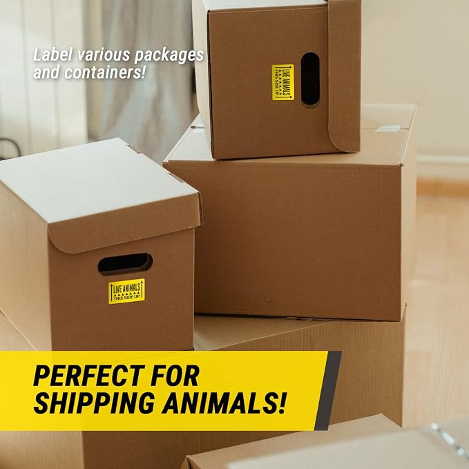 Live Animal Stickers, Yellow, 3 x 2 Inch, 300 Labels | This Side UP Messaging, Animal Care Stickers, Shipping & Handling Instructions, Warning / Caution Supplies