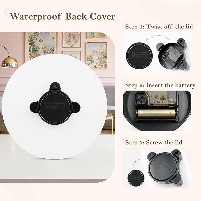 WISKALON Indoor Outdoor Glass Clock 12 Inch Waterproof Retro Vintage French Country Style Wall Clock Battery Operated Silent Non-Ticking for Bathroom Patio Pool Wall Decor Black Gold