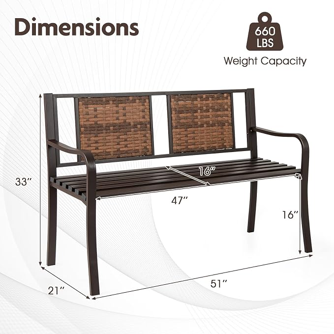 Giantex Outdoor Bench with PE Rattan Backrest, Curved Armrests, Slatted Seat for 2-3 Persons, Heavy-Duty Outdoor Seating Furniture, Garden Bench for Patio, Backyard, Poolside, Porch, Park, Brown