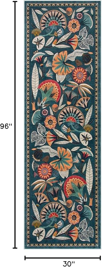 Zealude Boho Washable Green Bathroom Kitchen Runner Rug, 2x8 Egypt Hallway Entryway Rug Runner, Non Slip Botanical Floral Vintage Carpet for Entry Living Laundry Room (Dark Green, 2 x 8)