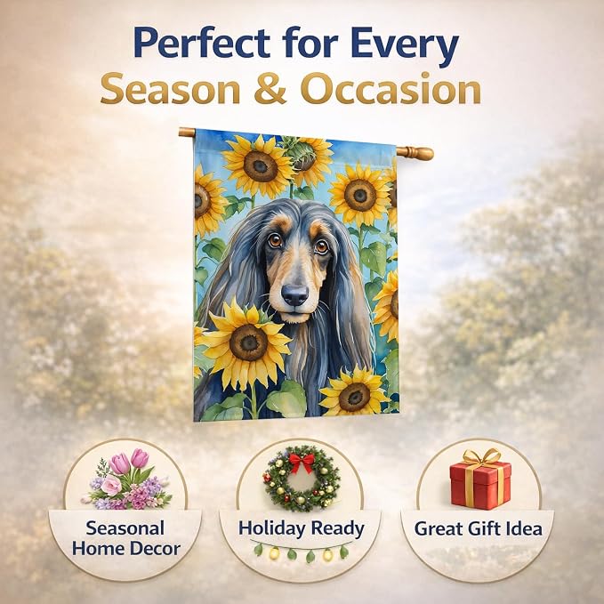 Caroline's Treasures DAC6001CHF Afghan Hound in Sunflowers House Flag Large Porch Sleeve Pole Decorative Outside Yard Banner Artwork Wall Hanging, Polyester, House Size, Multicolor