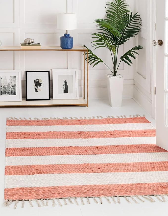 Unique Loom Chindi Rag Collection Area Rug - Striped (5' 1" Square, Coral and Ivory)