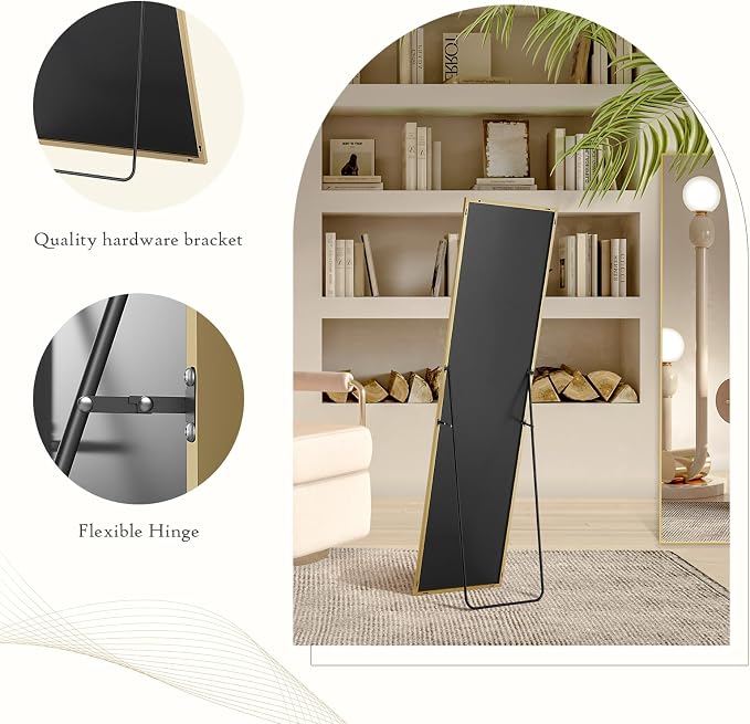 Full Length Floor Mirror, 16"x59" Body Wall Mirror with Stand | Shatter-Proof Nano Glass, Tall Standing, Hanging or Leaning, Aluminum Alloy Frame for Bedroom, Modern Home Decor, Gold