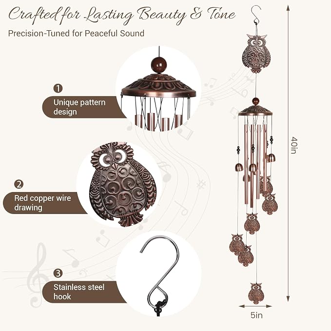 Wise Guardian Owl Wind Chime for Outside - The for Dad, Mother's Day, Family & Siblings, Graduation, Teacher, New Home & Your Garden (39 inches)