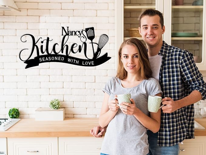 Personalized Kitchen Sign Custom Name Metal Wall Decor, Kitchen Wall Art with Seasoned With Love Quote, Family Name Kitchen Decoration, Rustic Farmhouse Home Decor, Housewarming Anniversary Wedding Gift for Couples