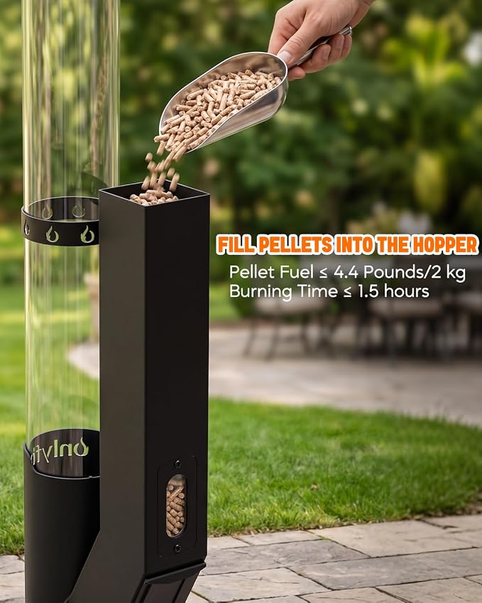 43" Wood Pellet Patio Heater with Glass Tube, Modern Fire Pit, Portable Pellet Heater for Camping Patio Backyard RV Tailgating, Add Warmth & Ambiance, FP056