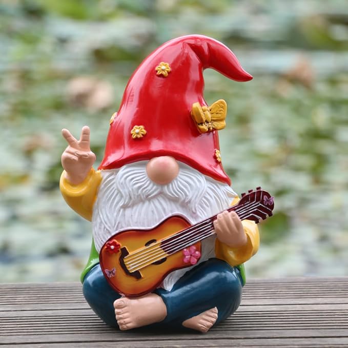Hippie Garden Gnome Statue,Funny Gnome Figurine with Guitar -9.3‘’ Outdoor Resin Lawn Ornament,Unique Gift for House,Lawn,Patio and Porch, Gifts for Garden Lovers