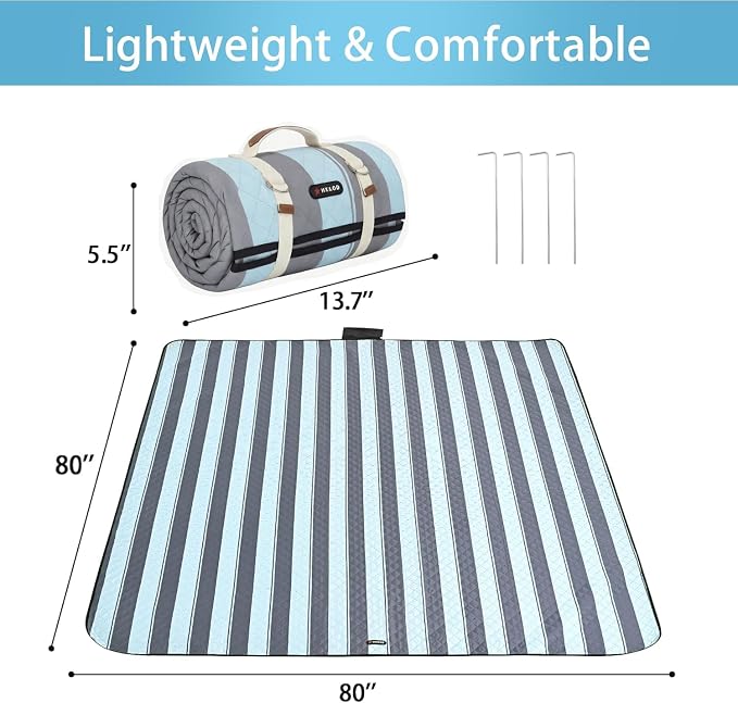 HX&OD Outdoor Picnic Blanket Extra Large, 80''*80'' Waterproof Picnic Mat with Stakes Foldable Camping Blanket Portable with Carry Strap for Beach Mat (Grey& Green, 80''*80'')