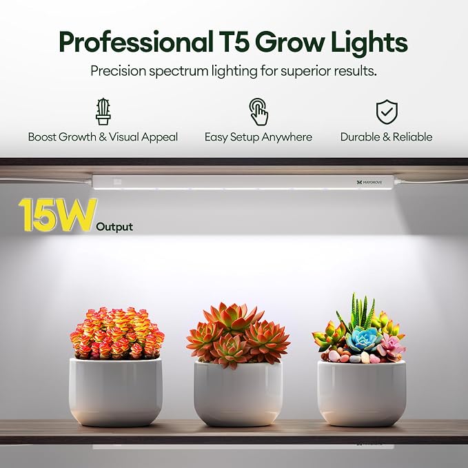 Maygrove T5 Grow Lights for Indoor Plants 2FT, Blue-Rich Full Spectrum 5000K Grow Light, 60W(4 x 15W), Grow Light Strips for Seed Starting, Greenhouse, High PPFD, Linkable, White, 4-Pack