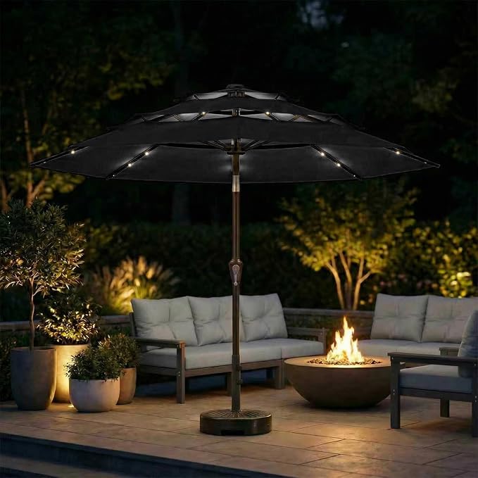 10ft 3-Tier Patio Umbrella with 32 Solar Powered LED Lights, Windproof Outdoor Market Umbrella for Deck, Poolside & Garden, Sturdy Push-Button Tilt Table Umbrella, Black