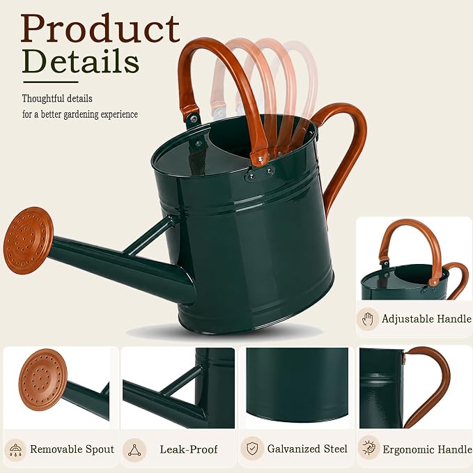 Metal Watering Can for Plants,Watering Cans for Outdoor&Indoor Gardening, Galvanized Steel Water Can with Removable Spout,Watering Pot with Ergonomic Movable Handle(Green)