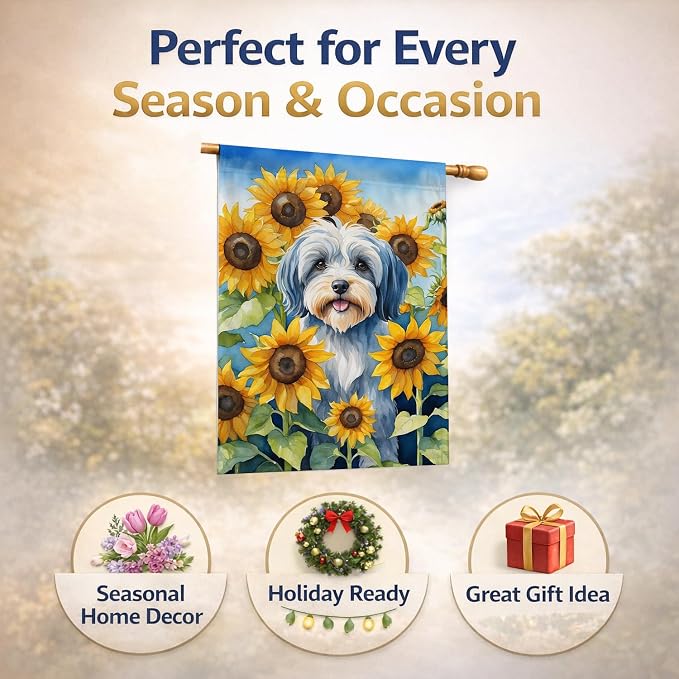 Caroline's Treasures DAC6168CHF Tibetan Terrier in Sunflowers House Flag Large Porch Sleeve Pole Decorative Outside Yard Banner Artwork Wall Hanging, Polyester, House Size, Multicolor